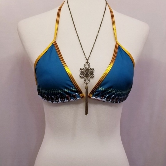High Waist Bikini Teal & Gold Tribal Aztec Boho - Picture 7 of 7